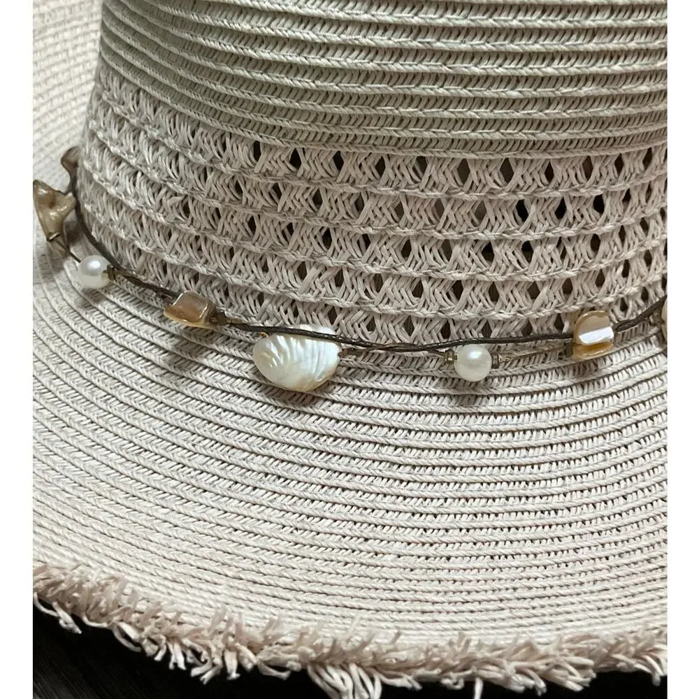 Scala Collezione Sun Beach Fringed Rim Hat Shell Band EUC